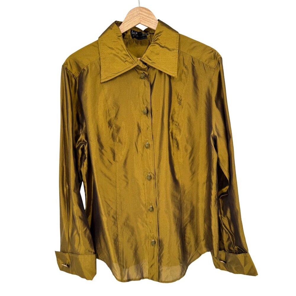 Laurel Womens green Long Sleeve Button-Up Shirt blouse Silk Size 42 large
